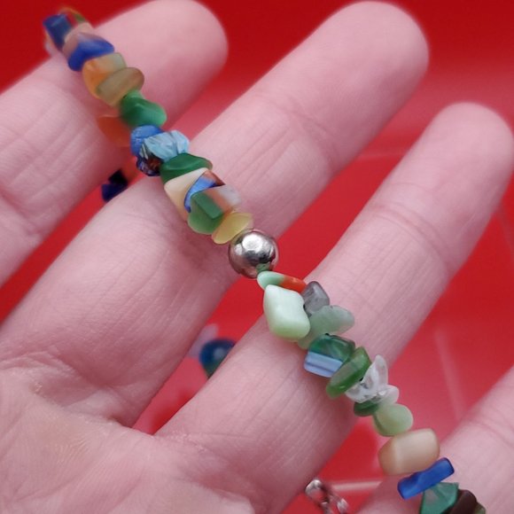 9 Inch 925 Sterling Silver Beautiful Many Colorful Stone Chips Ankle Bracelet - Picture 2 of 6